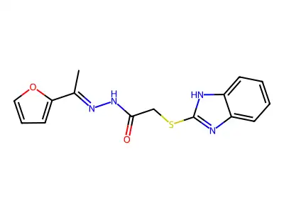 (Z)-2-((1H-benzo[d]imidazol-2-yl)thio)-N'-(1-(furan-2-yl)ethylidene)acetohydrazide structure