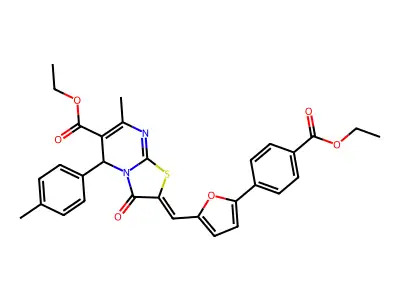 ethyl (2Z)-2-({5-[4-(ethoxycarbonyl)phenyl]furan-2-yl}methylidene)-7-methyl-5-(4-methylphenyl)-3-oxo-2,3-dihydro-5H-[1,3]thiazolo[3,2-a]pyrimidine-6-carboxylate structure