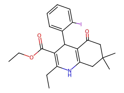 ethyl 2-ethyl-4-(2-iodophenyl)-7,7-dimethyl-5-oxo-1,4,5,6,7,8-hexahydroquinoline-3-carboxylate structure