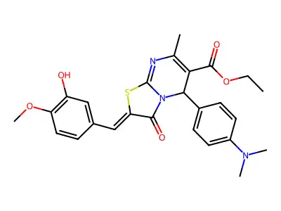 (Z)-ethyl 5-(4-(dimethylamino)phenyl)-2-(3-hydroxy-4-methoxybenzylidene)-7-methyl-3-oxo-3,5-dihydro-2H-thiazolo[3,2-a]pyrimidine-6-carboxylate structure