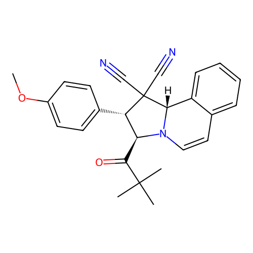 (2R,3R,10bS)-2-(4-methoxyphenyl)-3-pivaloyl-2,3-dihydropyrrolo[2,1-a]isoquinoline-1,1(10bH)-dicarbonitrile structure