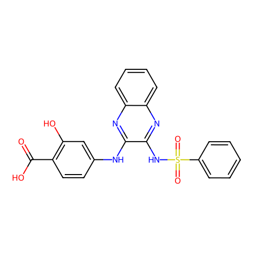 2-hydroxy-4-({(3Z)-3-[(phenylsulfonyl)imino]-3,4-dihydroquinoxalin-2-yl}amino)benzoic acid structure