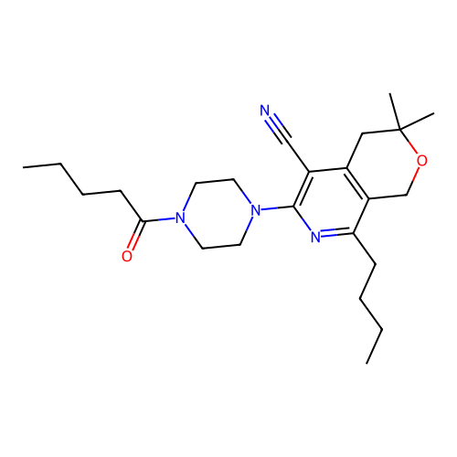 8-butyl-3,3-dimethyl-6-(4-pentanoylpiperazin-1-yl)-3,4-dihydro-1H-pyrano[3,4-c]pyridine-5-carbonitrile structure