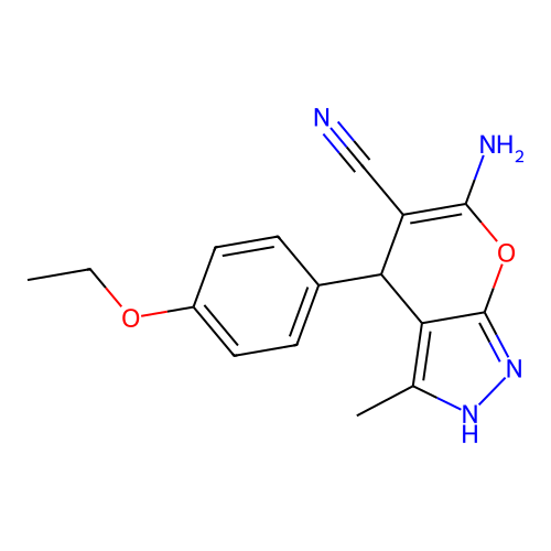 6-amino-4-(4-ethoxyphenyl)-3-methyl-1,4-dihydropyrano[2,3-c]pyrazole-5-carbonitrile structure