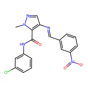 (E)-N-(3-chlorophenyl)-1-methyl-4-((3-nitrobenzylidene)amino)-1H-pyrazole-5-carboxamide structure
