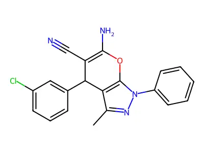 6-amino-4-(3-chlorophenyl)-3-methyl-1-phenyl-1,4-dihydropyrano[2,3-c]pyrazole-5-carbonitrile structure