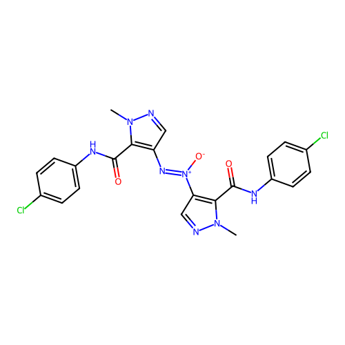 (Z)-1,2-bis(5-((4-chlorophenyl)carbamoyl)-1-methyl-1H-pyrazol-4-yl)diazene oxide structure