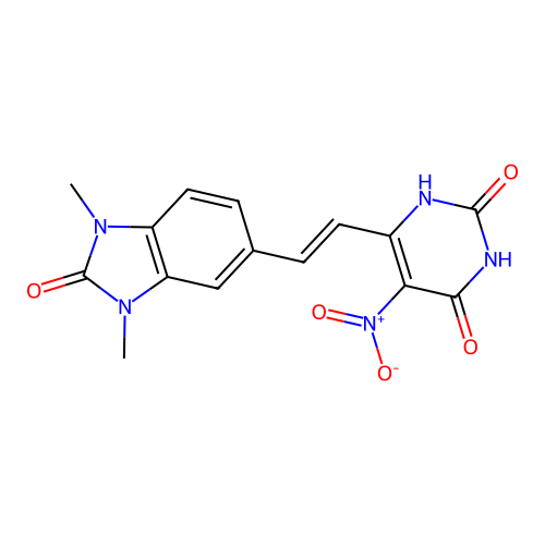 6-[(E)-2-(1,3-dimethyl-2-oxo-2,3-dihydro-1H-benzimidazol-5-yl)ethenyl]-5-nitropyrimidine-2,4(1H,3H)-dione structure