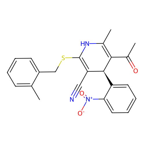 (4R)-5-acetyl-6-methyl-2-[(2-methylbenzyl)sulfanyl]-4-(2-nitrophenyl)-1,4-dihydropyridine-3-carbonitrile structure