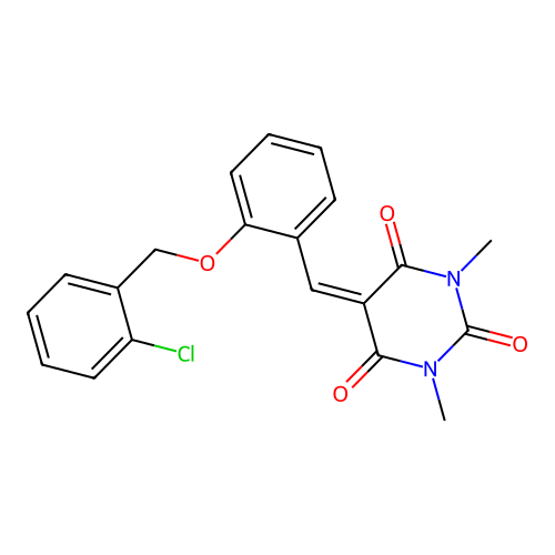 5-[2-(2-Chloro-benzyloxy)-benzylidene]-1,3-dimethyl-pyrimidine-2,4,6-trione structure