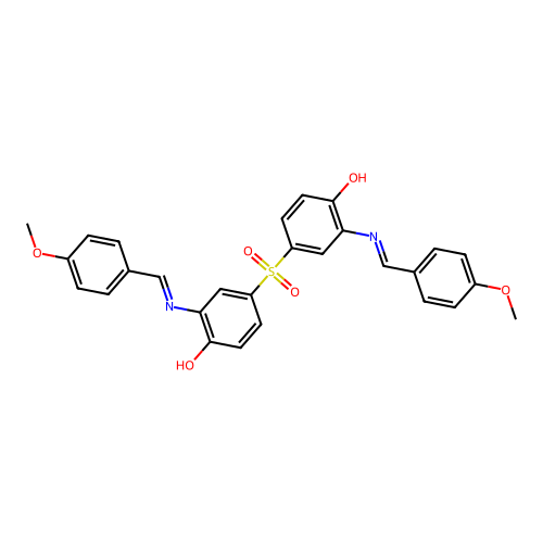 (E)-4,4'-sulfonylbis(2-((E)-(4-methoxybenzylidene)amino)phenol) structure
