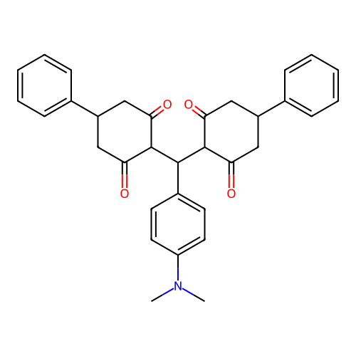 2,2'-{[4-(Dimethylamino)phenyl]methanediyl}bis(5-phenylcyclohexane-1,3-dione) structure