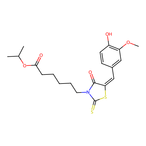 (E)-isopropyl 6-(5-(4-hydroxy-3-methoxybenzylidene)-4-oxo-2-thioxothiazolidin-3-yl)hexanoate structure