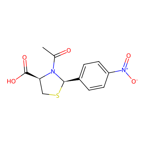 (2R,4R)-3-acetyl-2-(4-nitrophenyl)thiazolidine-4-carboxylic acid structure