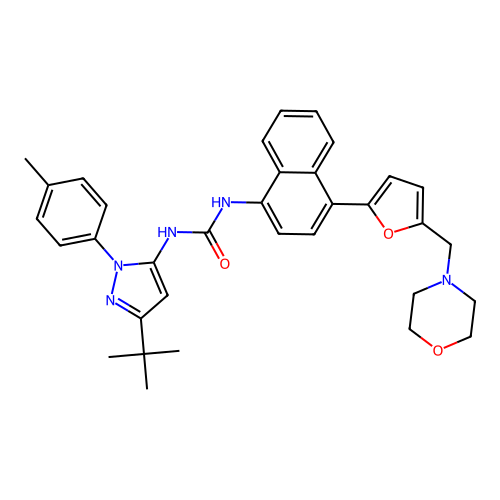 1-[3-tert-Butyl-1-p-tolyl-1H-pyrazol-5-yl]-3-{4-[5-(morpholin-4-ylmethyl)fur-2-yl]naphthalen-1-yl}urea structure