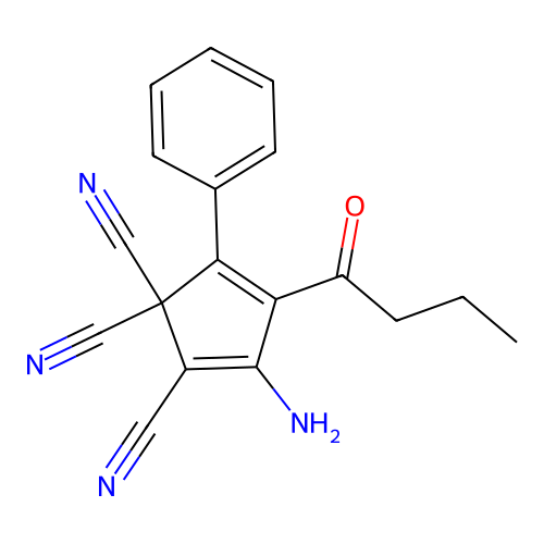 3-Amino-4-butanoyl-5-phenylcyclopenta-2,4-diene-1,1,2-tricarbonitrile structure