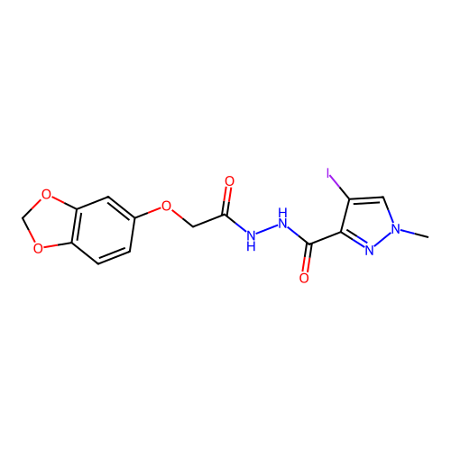 N'-[(1,3-benzodioxol-5-yloxy)acetyl]-4-iodo-1-methyl-1H-pyrazole-3-carbohydrazide structure