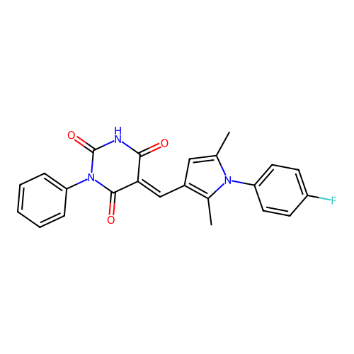 (E)-5-((1-(4-fluorophenyl)-2,5-dimethyl-1H-pyrrol-3-yl)methylene)-1-phenylpyrimidine-2,4,6(1H,3H,5H)-trione structure