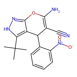6-amino-3-tert-butyl-4-{2-nitrophenyl}-1,4-dihydropyrano[2,3-c]pyrazole-5-carbonitrile structure