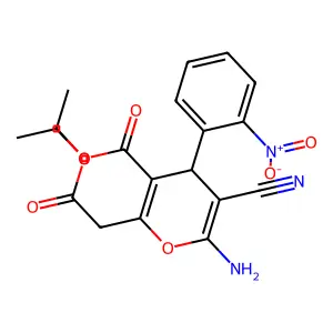 ethyl (4S)-6-amino-5-cyano-2-(2-ethoxy-2-oxoethyl)-4-(2-nitrophenyl)-4H-pyran-3-carboxylate structure