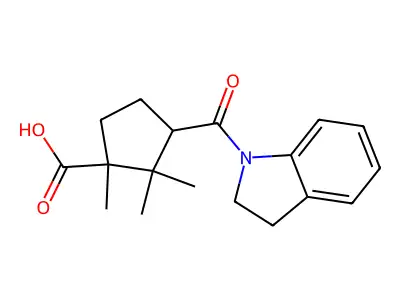 3-(2,3-dihydro-1H-indol-1-ylcarbonyl)-1,2,2-trimethylcyclopentanecarboxylic acid structure