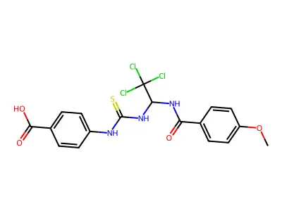4-(3-(2,2,2-trichloro-1-(4-methoxybenzamido)ethyl)thioureido)benzoic acid structure