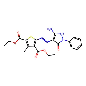 (E)-diethyl 5-(2-(3-amino-5-oxo-1-phenyl-1H-pyrazol-4(5H)-ylidene)hydrazinyl)-3-methylthiophene-2,4-dicarboxylate structure