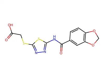 2-({5-[(1,3-benzodioxol-5-ylcarbonyl)amino]-1,3,4-thiadiazol-2-yl}sulfanyl)acetic acid structure