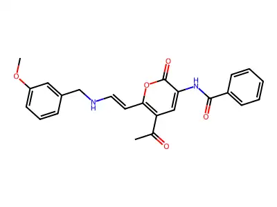 N-[5-Acetyl-6-(2-{[(3-methoxyphenyl)methyl]amino}ethenyl)-2-oxo-2H-pyran-3-yl]benzamide structure