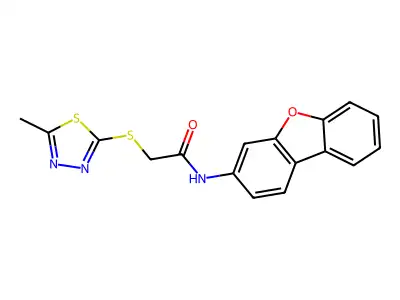 N-dibenzofuran-3-yl-2-[(5-methyl-1,3,4-thiadiazol-2-yl)sulfanyl]acetamide structure