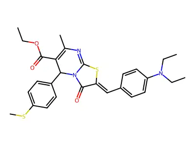 ethyl (2Z)-2-[[4-(diethylamino)phenyl]methylidene]-7-methyl-5-(4-methylsulfanylphenyl)-3-oxo-5H-[1,3]thiazolo[3,2-a]pyrimidine-6-carboxylate structure
