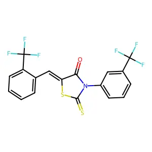 (5E)-2-sulfanylidene-3-[3-(trifluoromethyl)phenyl]-5-[[2-(trifluoromethyl)phenyl]methylidene]-1,3-thiazolidin-4-one structure