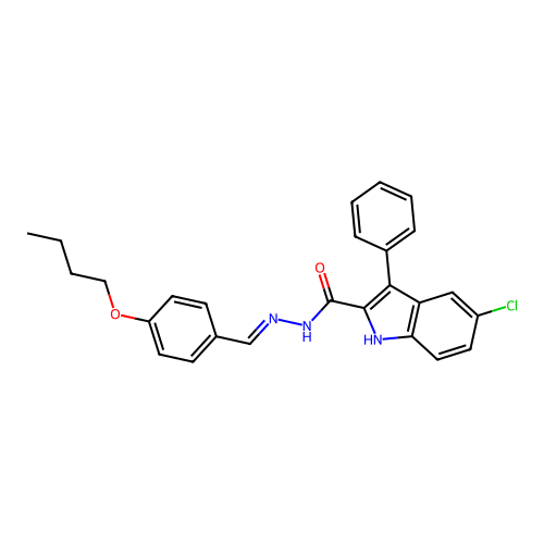 (E)-N'-(4-butoxybenzylidene)-5-chloro-3-phenyl-1H-indole-2-carbohydrazide structure