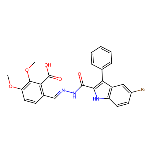 6-[(5-Bromo-3-phenyl-1H-indole-2-carbonyl)-hydrazonomethyl]-2,3-dimethoxy-benzoic acid structure
