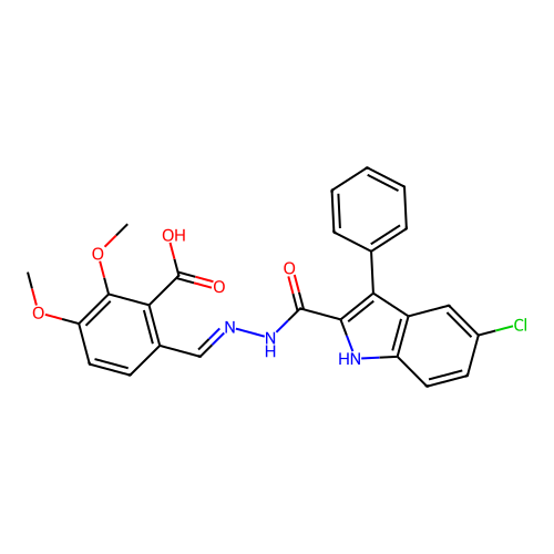 (E)-6-((2-(5-chloro-3-phenyl-1H-indole-2-carbonyl)hydrazono)methyl)-2,3-dimethoxybenzoic acid structure