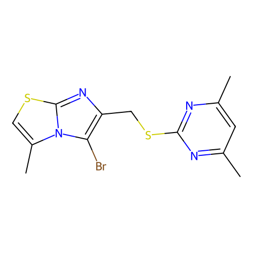 5-bromo-6-(((4,6-dimethylpyrimidin-2-yl)thio)methyl)-3-methylimidazo[2,1-b]thiazole structure