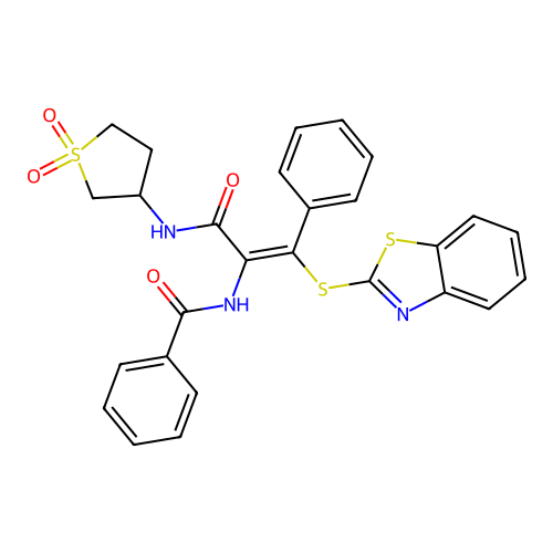 (Z)-N-(1-(benzo[d]thiazol-2-ylthio)-3-((1,1-dioxidotetrahydrothiophen-3-yl)amino)-3-oxo-1-phenylprop-1-en-2-yl)benzamide structure