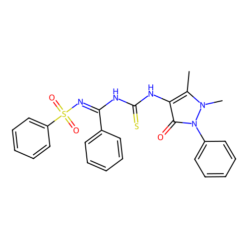 (E)-N-((1,5-dimethyl-3-oxo-2-phenyl-2,3-dihydro-1H-pyrazol-4-yl)carbamothioyl)-N'-(phenylsulfonyl)benzimidamide structure