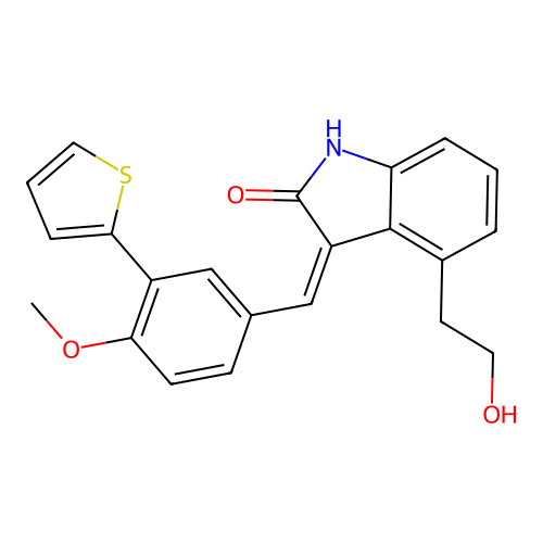 (3Z)-4-(2-hydroxyethyl)-3-[(4-methoxy-3-thiophen-2-yl-phenyl)methylidene]-1H-indol-2-one structure