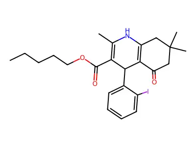 pentyl 4-(2-iodophenyl)-2,7,7-trimethyl-5-oxo-1,4,5,6,7,8-hexahydroquinoline-3-carboxylate structure