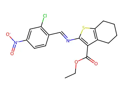 ethyl 2-({2-chloro-4-nitrobenzylidene}amino)-4,5,6,7-tetrahydro-1-benzothiophene-3-carboxylate structure