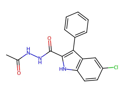 N'-acetyl-5-chloro-3-phenyl-1H-indole-2-carbohydrazide structure