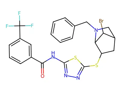 N-{5-[(2-benzyl-7-bromo-2-azabicyclo[2.2.1]hept-6-yl)thio]-1,3,4-thiadiazol-2-yl}-3-(trifluoromethyl)benzamide structure