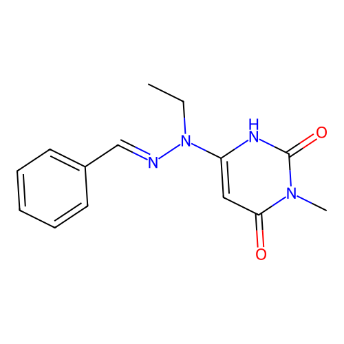 6-(N'-Benzylidene-N-ethyl-hydrazino)-3-methyl-1H-pyrimidine-2,4-dione structure