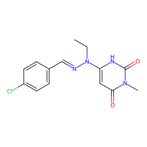 (E)-6-(2-(4-chlorobenzylidene)-1-ethylhydrazinyl)-3-methylpyrimidine-2,4(1H,3H)-dione structure