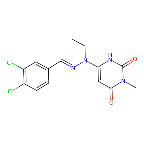 6-[(2E)-2-(3,4-dichlorobenzylidene)-1-ethylhydrazinyl]-3-methylpyrimidine-2,4(1H,3H)-dione structure