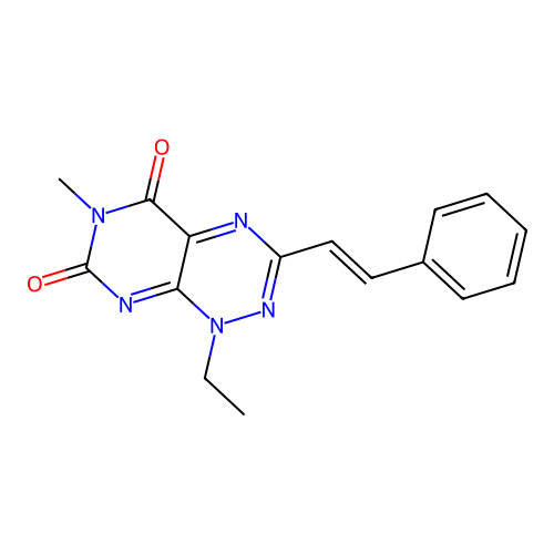 1-ethyl-6-methyl-3-[(E)-2-phenylethenyl]pyrimido[5,4-e][1,2,4]triazine-5,7-dione structure
