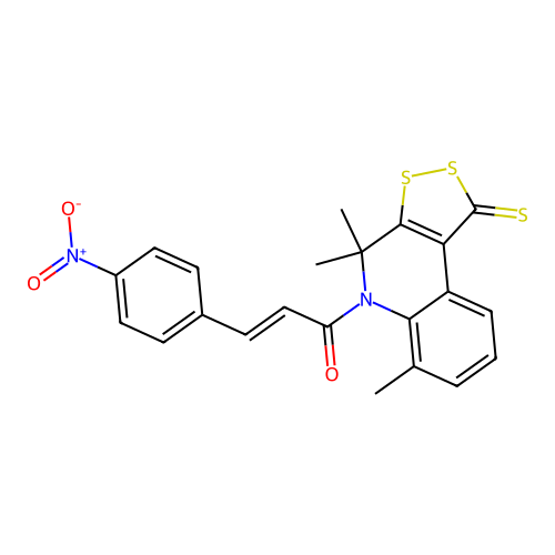 (2E)-3-(4-nitrophenyl)-1-(4,4,6-trimethyl-1-thioxo-1,4-dihydro-5H-[1,2]dithiolo[3,4-c]quinolin-5-yl)prop-2-en-1-one structure