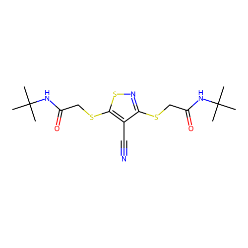 2,2'-((4-cyanoisothiazole-3,5-diyl)bis(sulfanediyl))bis(N-(tert-butyl)acetamide) structure