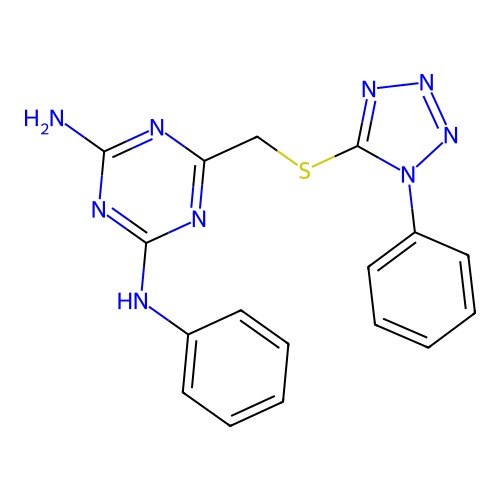 N2-phenyl-6-[[(1-phenyl-5-tetrazolyl)thio]methyl]-1,3,5-triazine-2,4-diamine structure